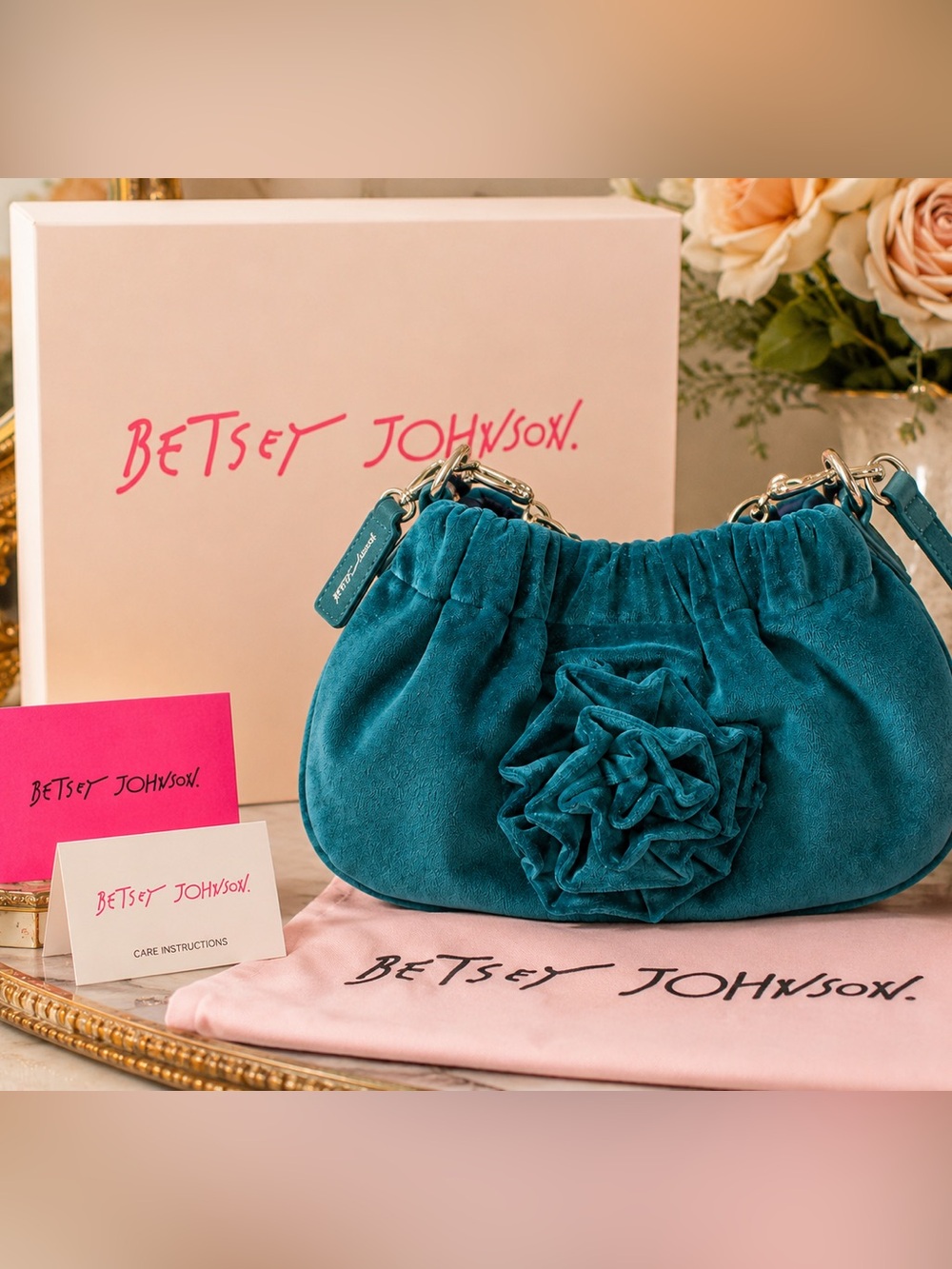 NWOT Betsy Johnson Teal Suede Flower Accent Shoulder Bag - Women's Handbag